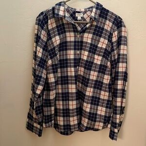 Women’s J. Crew brand plaid blue, white and red long sleeve shirt